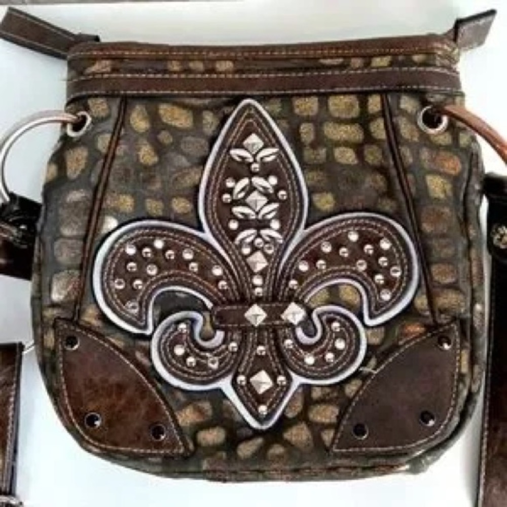 VINTAGE Y2K Miss Me Fleur-de-Lis Embellished Crossbody Purse Brown Gold Boho